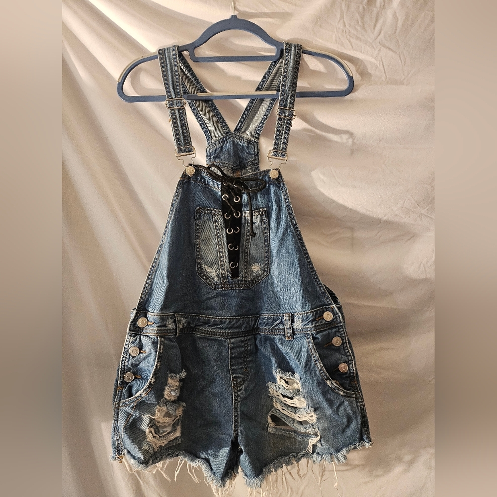 Rue 21 Size 10 Womens 100% Cotton Lace Up Pocket Overall Shorts‎ Denim
